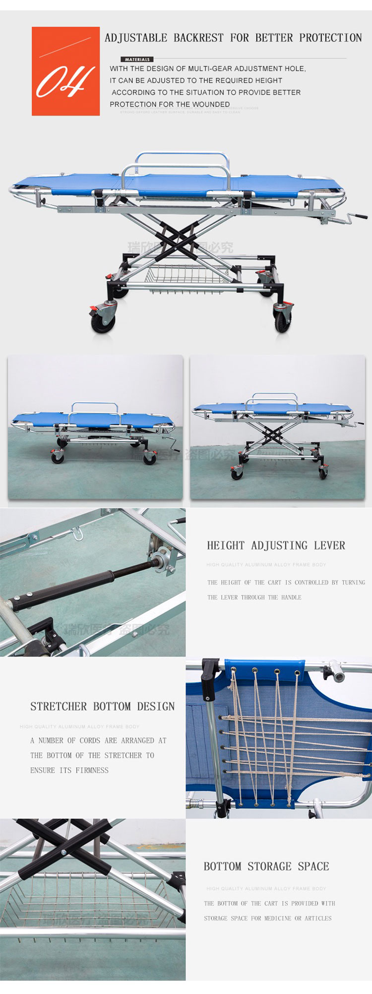 Blue Aluminum Alloy Emergency Ambulance Stretcher Bed For First Aid