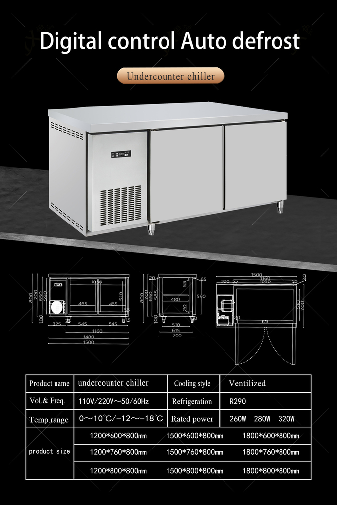 Commercial Counter Table with Glass Door Undercounter Refrigerator