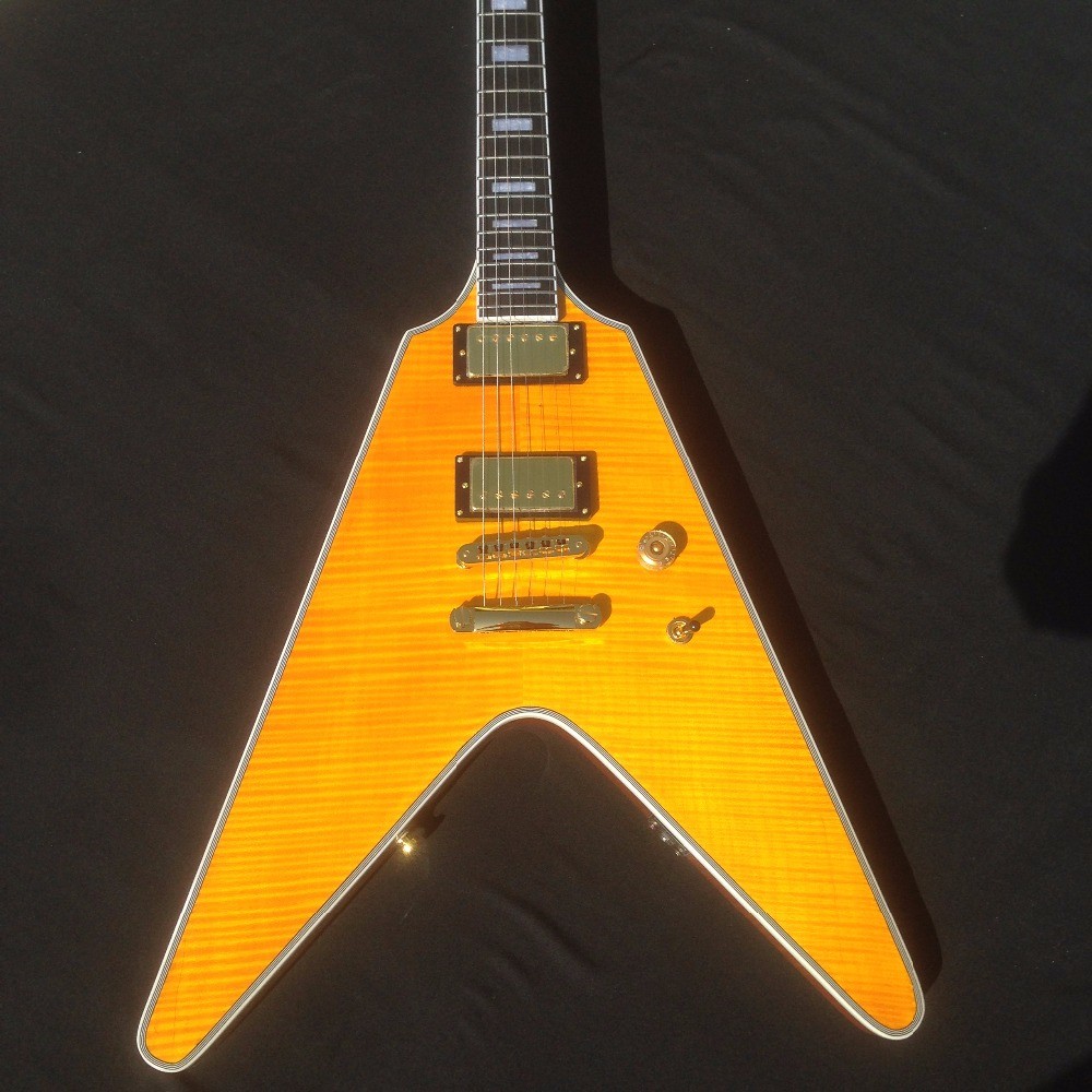 Good quality Electric Guitar with yellow colors and flybird shape by two pickups flying v electric guitar
