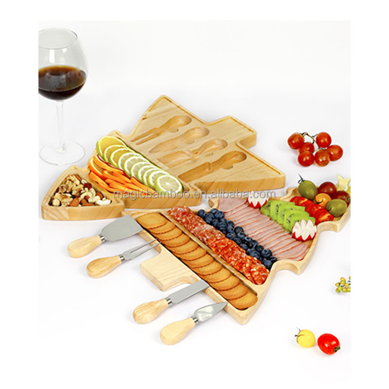 Unique Irregular Christmas Tree Charcuterie Board Set And Knives Made of Solid Bamboo