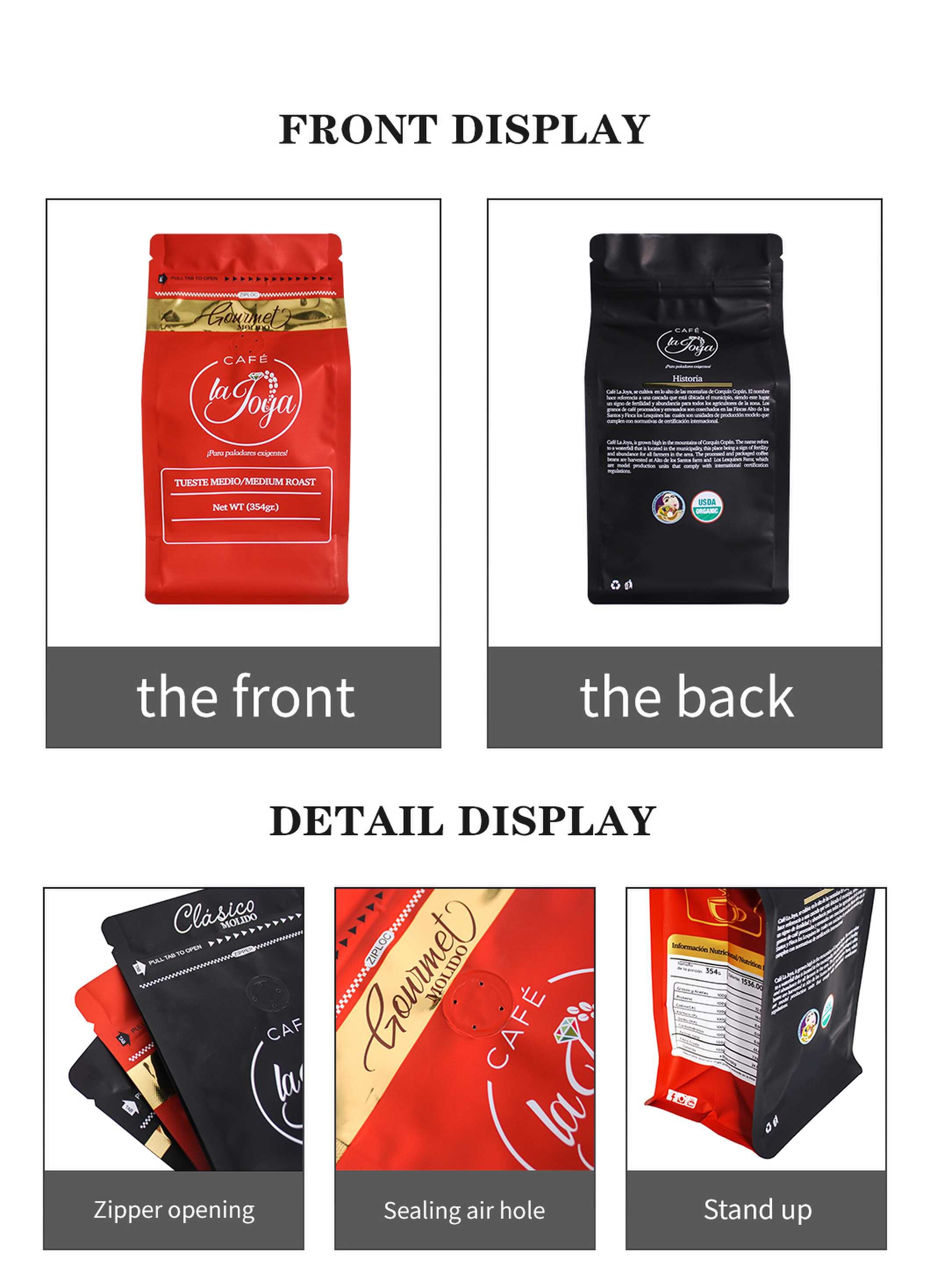 Block Bottom Customize Coffee Packaging Bags 250g 500g 1000g 1kg With Valve