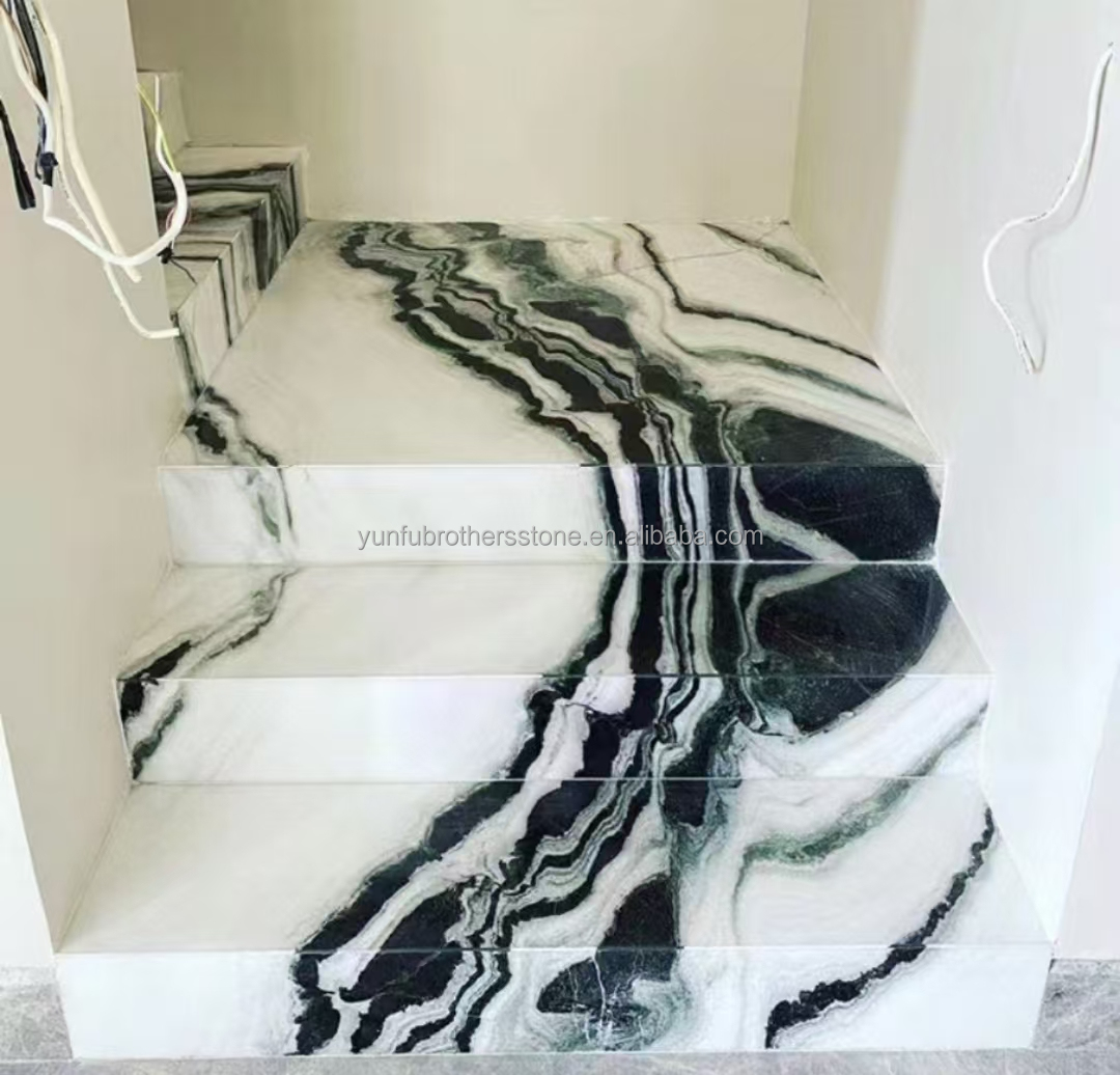 Modern Hotel Staircases Brothers Stone Panda White Marble Treads and Risers Anti Slip