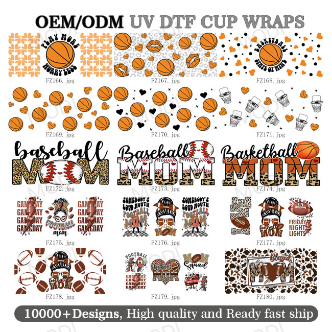 UV DTF Transfer Cup Wrap Stickers For Glass Tumblers Custom Logo Rugby Sports Balls 16Oz