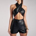 PU Two Piece Casual Set Lace Up Hanging Neck T Shirt High Waist Bag Hip Shorts