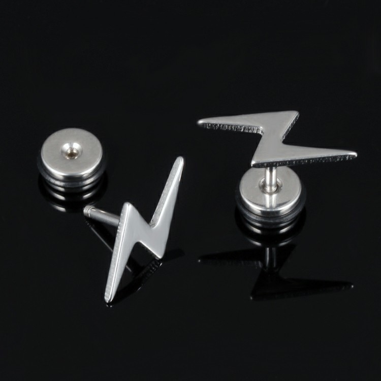 Punk Ear Stud Earrings For Men Hip Hop Jewelry Gift Stainless Steel Screw Back Earrings Lightning Stud Earrings