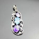 925 Silver Jewelry Oval Mix Blue Red Cubic Zircon Three Stones Pendant Necklace