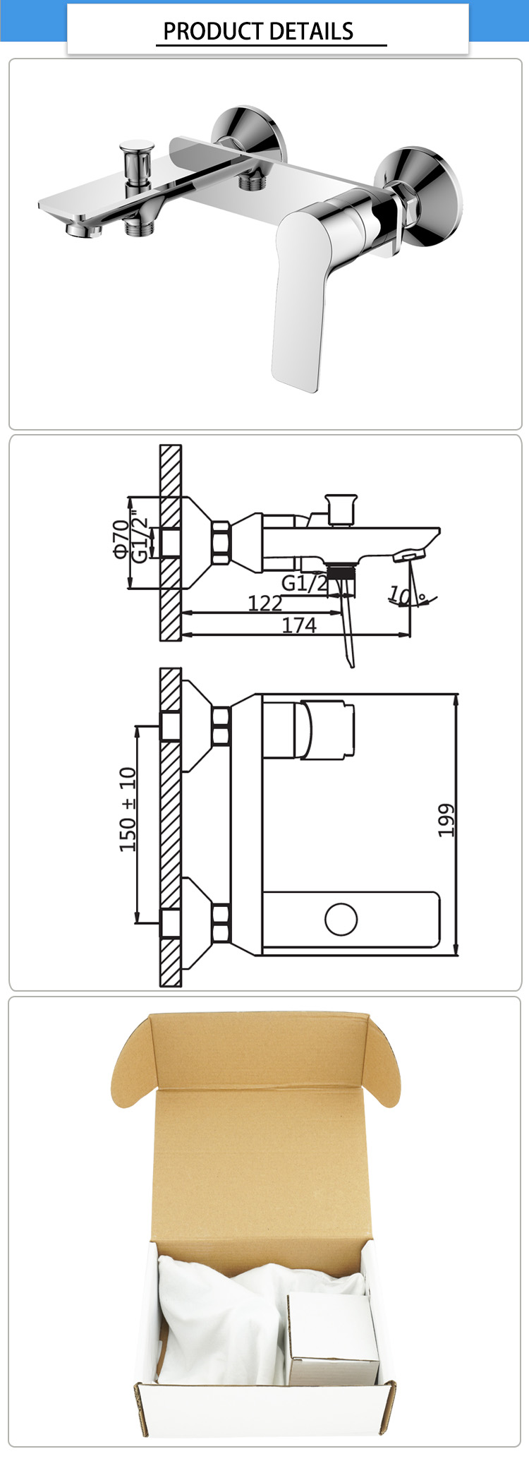 2.100kg 35mm Wall Mounted Bath Taps With Shower Diverter