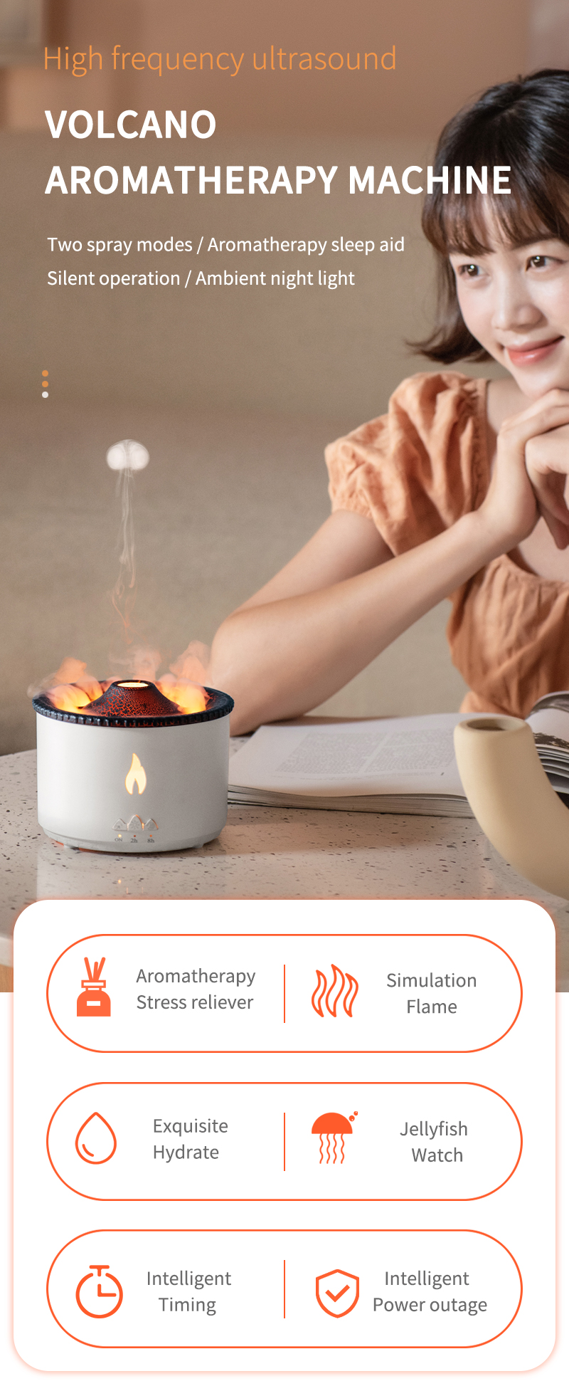 350ML Capacity 3D Flame Effect Volcano Air Humidifier Aroma Diffuser for Home Fragrance