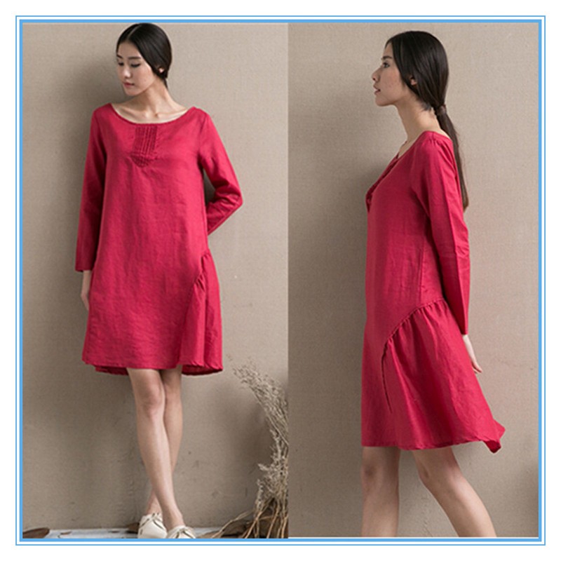 Fashion red linen ladies winter one piece dress of large size