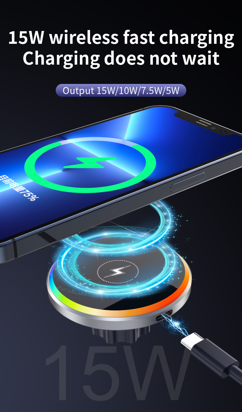 Magnetic Wireless Car Charger with 15W Max Output and 110-205KHz Charging Frequency