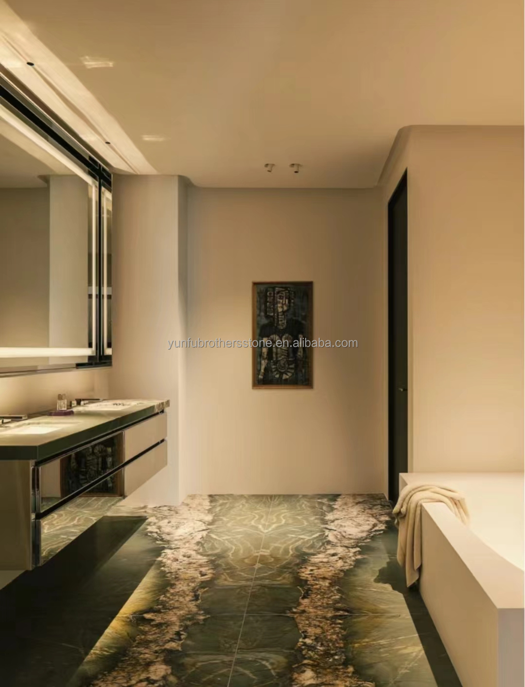 Modern Hotel Dining Table with Polished Green Marble Surface and Custom Graphic Design