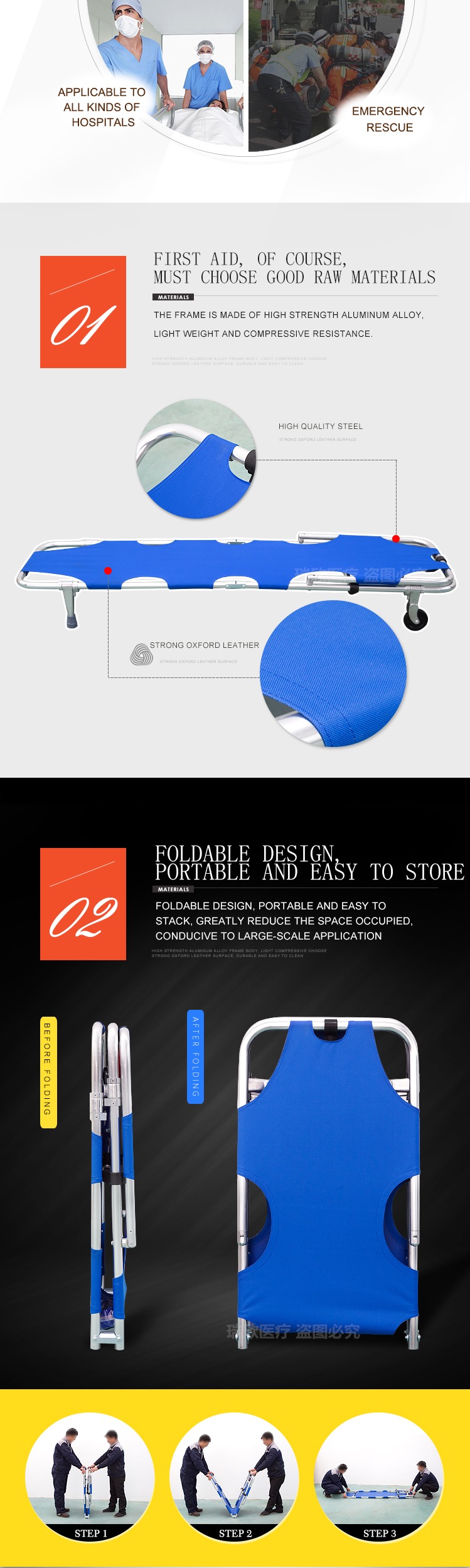 Blue Aluminum Alloy Folding Stretcher Manual Foldable Canvas Stretcher