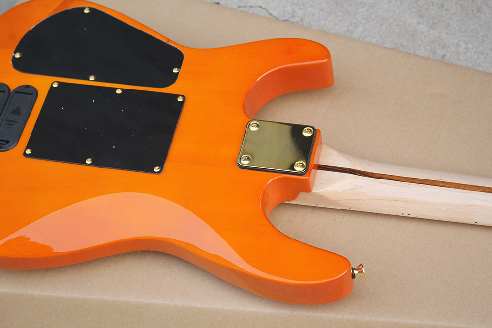 Factory Custom Orange Electric Guitar with Floyd Rose,3 Pickups,No Frets Inlay,Gold Hardware,Flame Maple Veneer
