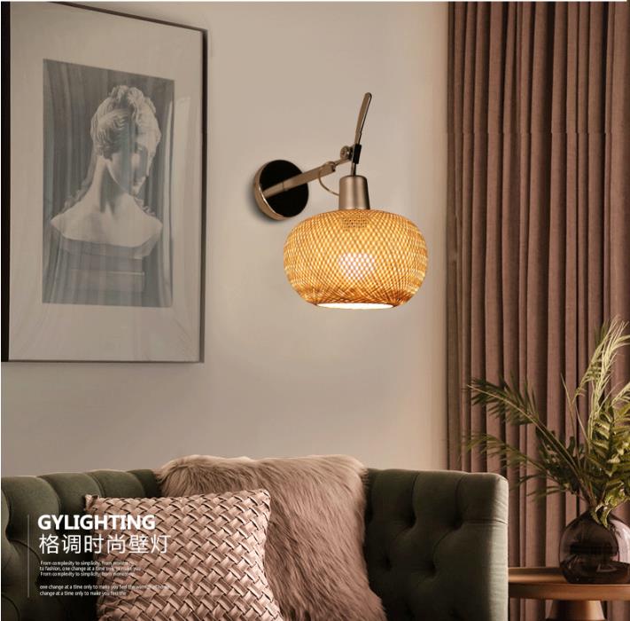 OEM Round Rattan Wall Lights , Bamboo Rattan Lantern LED Light Source