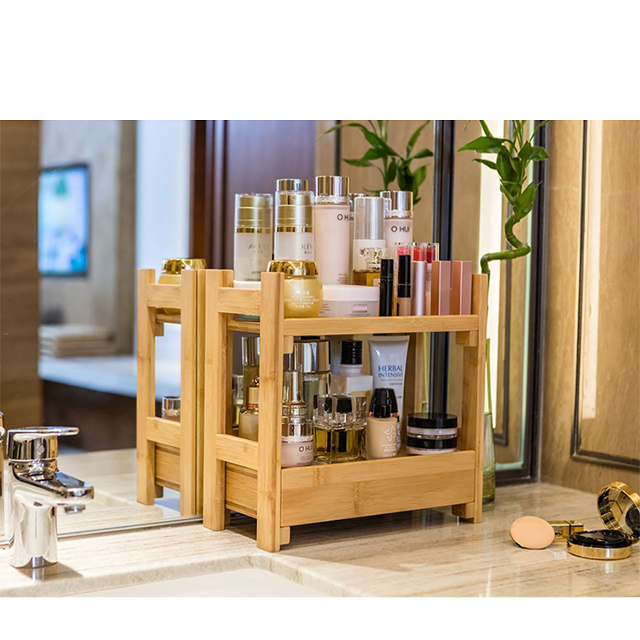 Solid Bamboo 2 Tier Standing Rack for Kitchen and Bathroom Storage 3L Capacity Sustainable