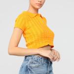 Lapel Single Breasted Womens Cropped Polo Shirt Short Sleeve