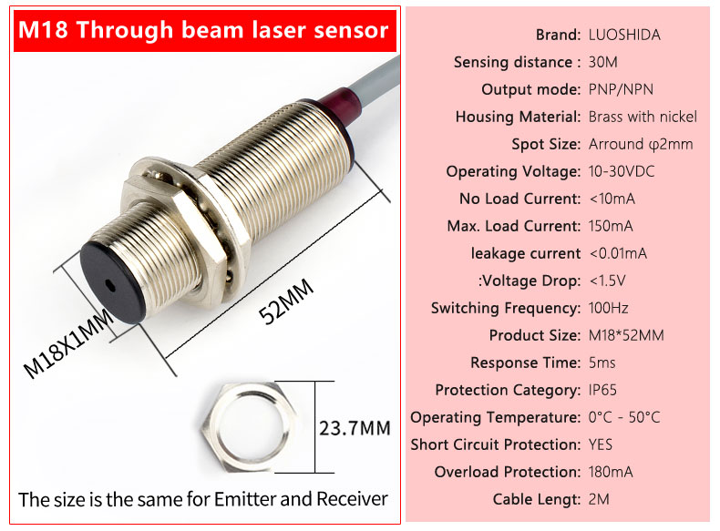 LUOSHIDA DC 3 Wire All Series Through Beam Laser Sensor 20m / 30m Sensing Distance