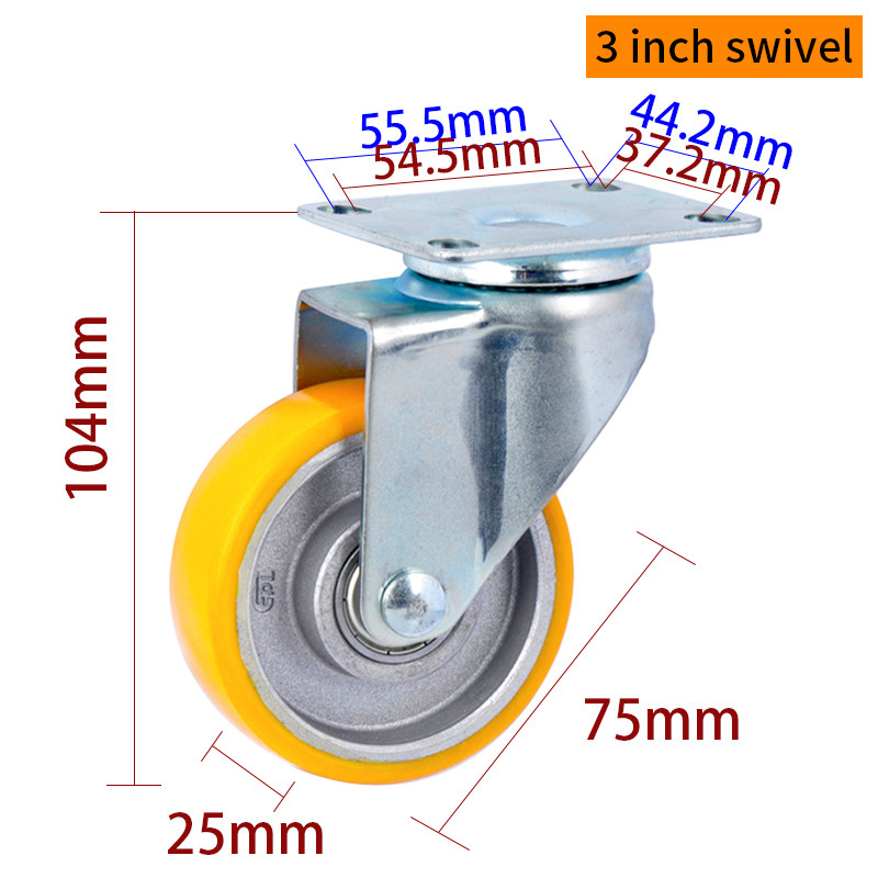 Yellow TPU Tread Light Duty Casters 3 Inch Swivel Plate Casters