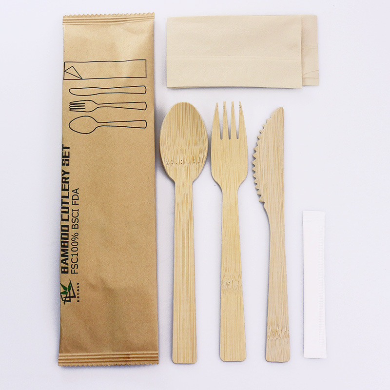 Disposable Bamboo Cutlery Spoon Fork Knife Toothpick Napkin Sets Individually Wrapped