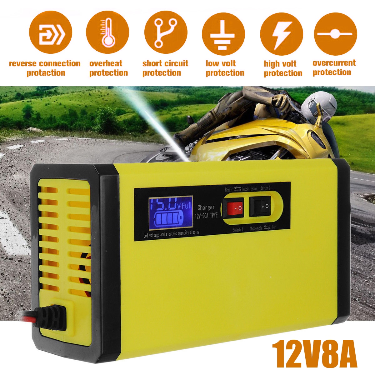 Wet Lead Acid 12V 8A LCD Display Battery Charger Pulse Repair For Car Motorcycle