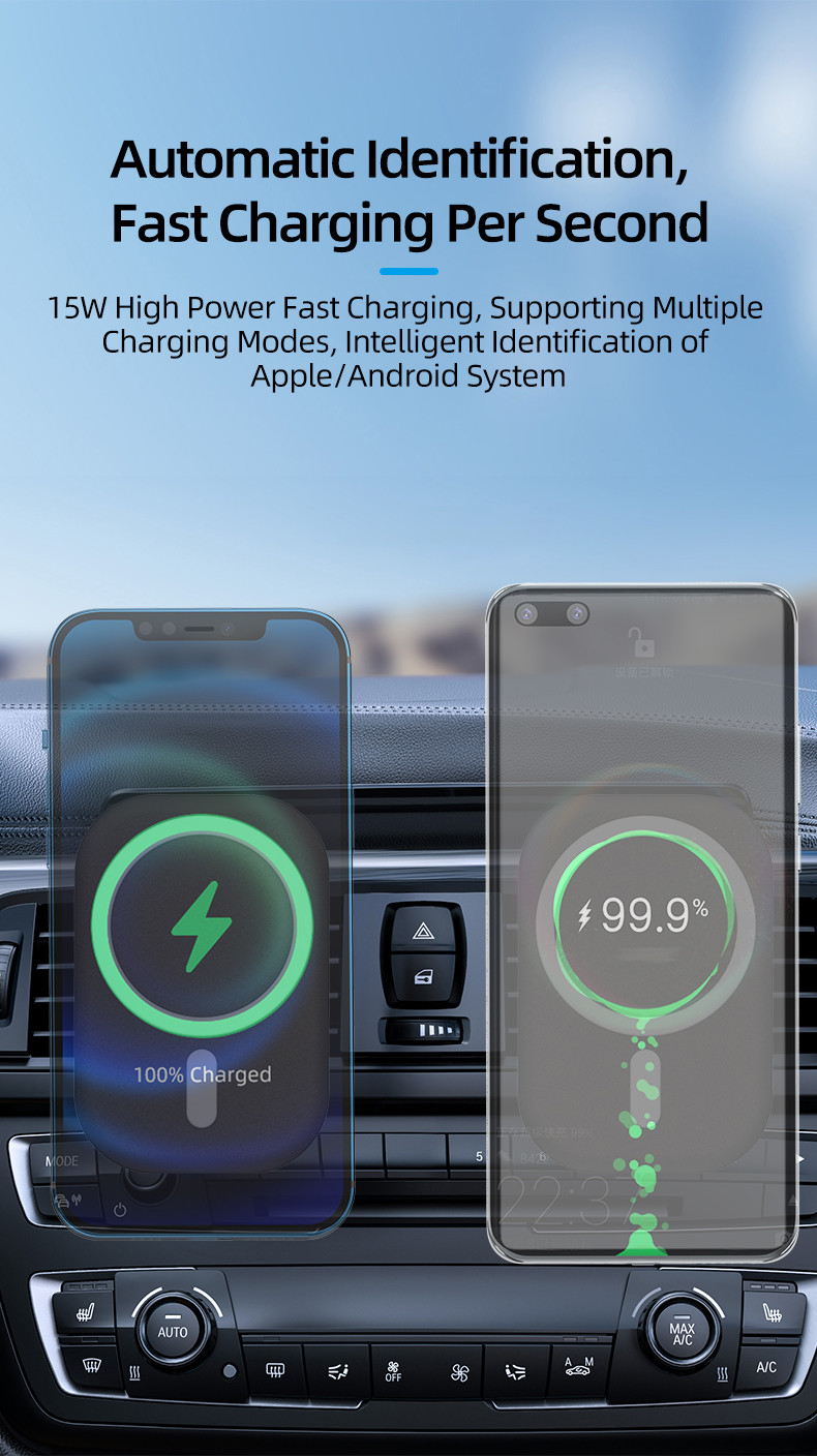 15W Magnetic Wireless Car Charger Air Vent Mounting with ABS Silicone Gel Material