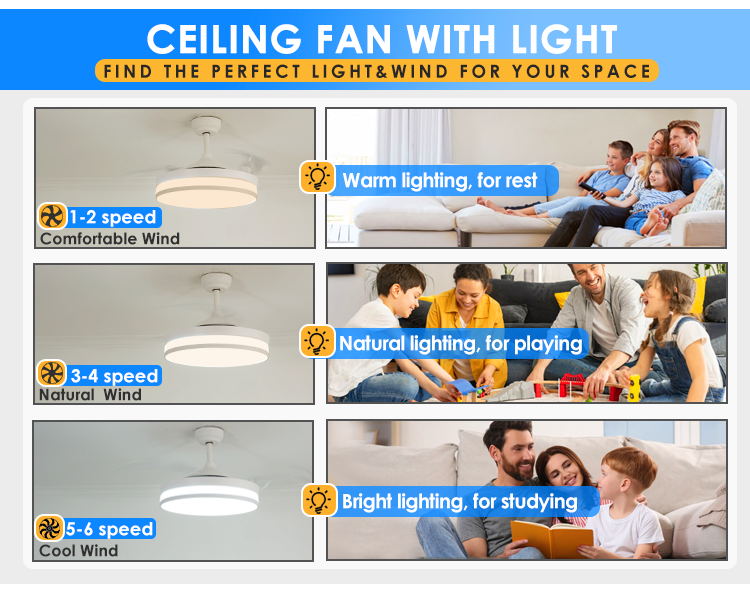 Standard Wind LED Ceiling Fan with Retractable PC Blades and Air Conditioning Function