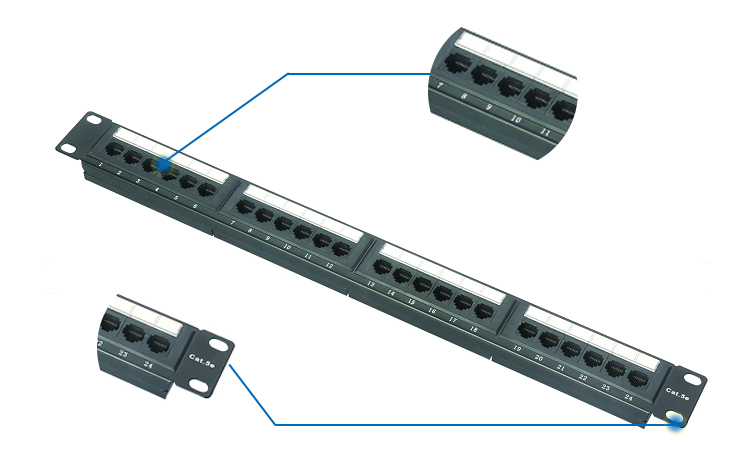 1U UTP Network Switch Patch Panel , Black Wall Mounted Patch Panel Cat5e