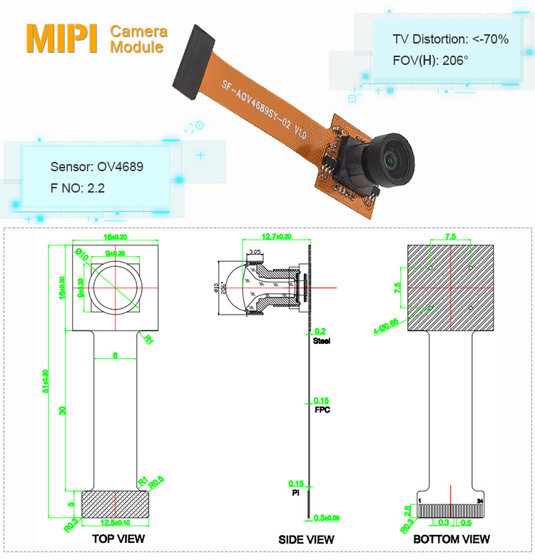 24 Pin OV4689 Cmos Sensor Camera Module Mini 206 Degree Wide Angle
