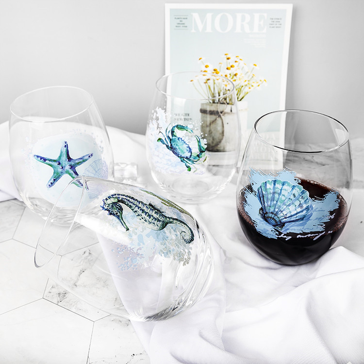 Household Soda Lime Handle Less Transparent Wine Glass Ocean Series Glass Gift