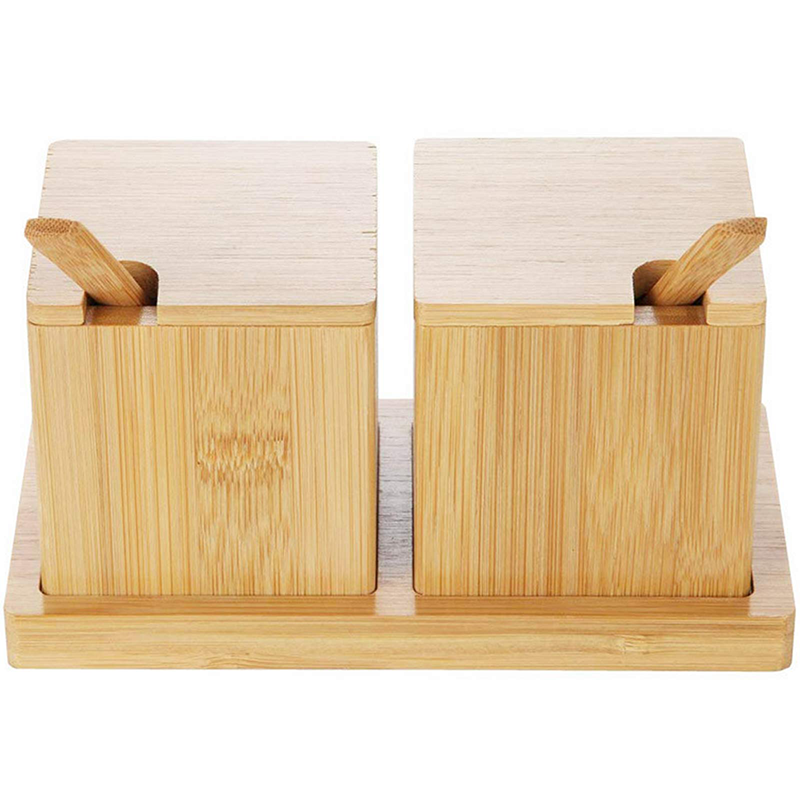 Natural Bamboo Square Salt Spice Herb Dry Storage Box With Lid Spoon 17x7.1x8.2cm