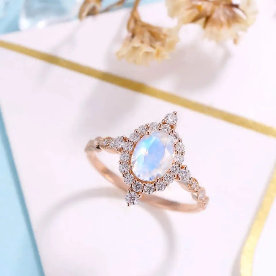 925 Sterling Silver Rose gold 1 Carat Flower Halo Ring Rainbow Moonstone Ring