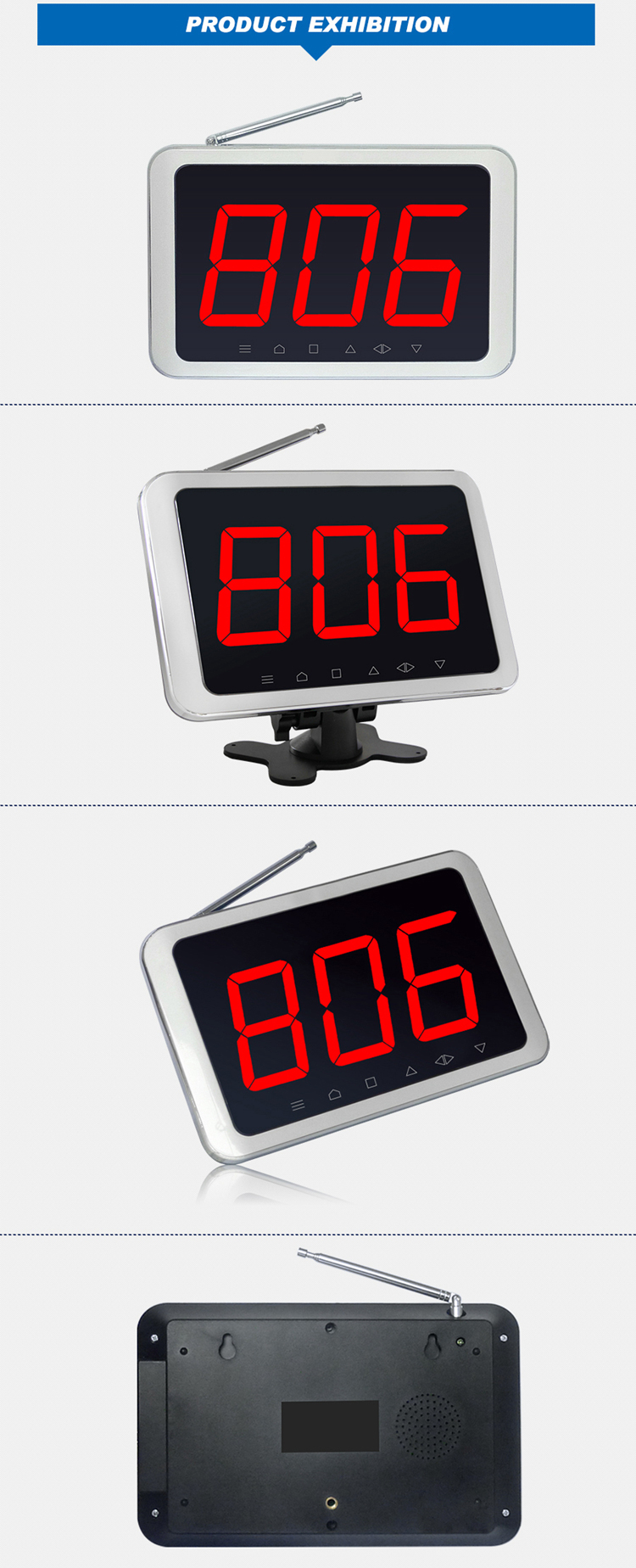 Wireless wall fixed or desktop 433.92Mhz one group 3 digits call number monitor screen with silver aluminum frame