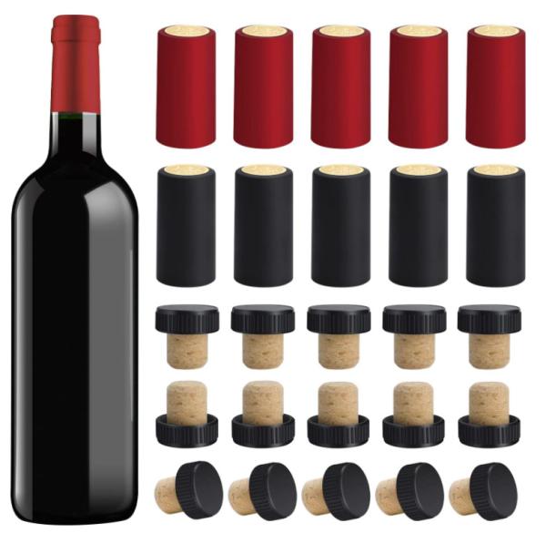 Custom Wine Bottle Cork With Black Plastic Top PVC Heat Shrink Capsule Bottle