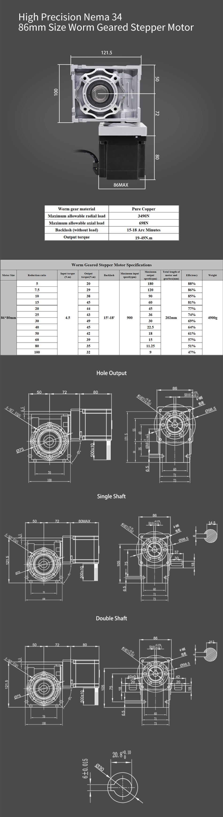 80mm Motor Length Hollow Single Shaft Nema 34 Stepper Motor Worm Gear Reducer With Encoder