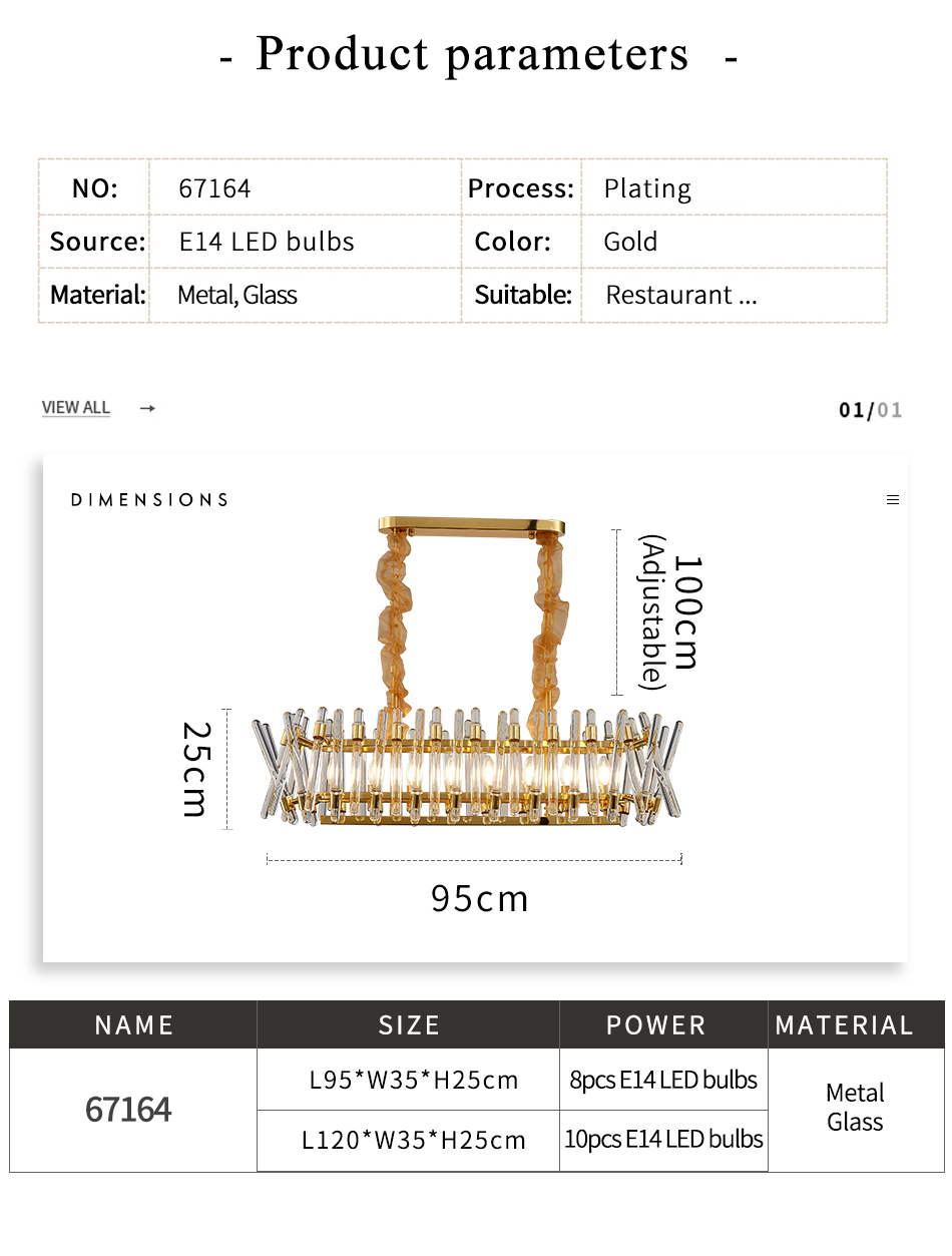 Luxury Kitchen Chandelier Modern Home Decor Hang Lamp Gold Rectangle ceiling light fixture(WH-CY-235)
