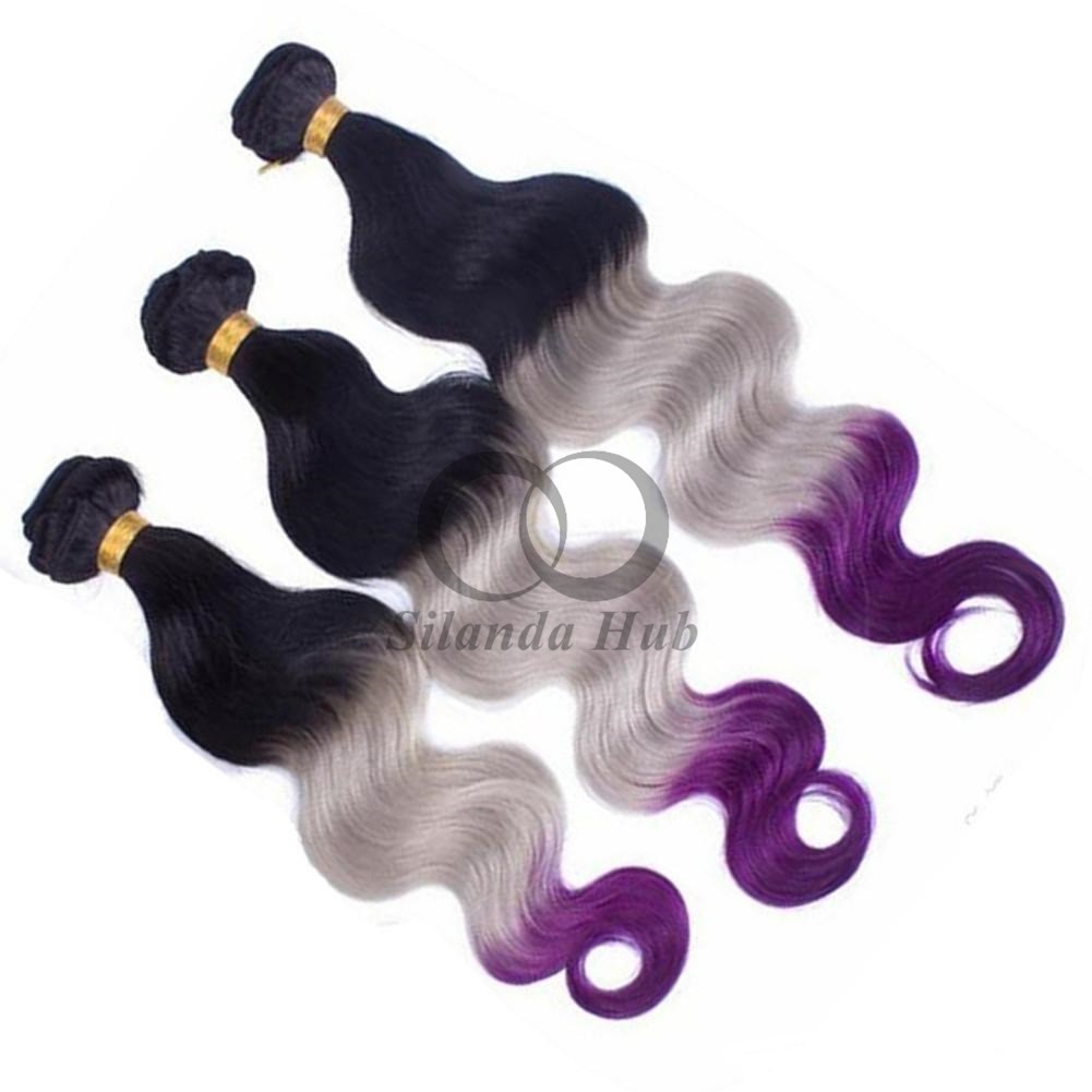 #T1B/Grey/Purple Body Wave Remy Human Hair Bundles Sew In Weave Bundles Brazilian Bundle Deals