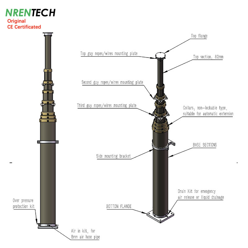 10m non-lockable pneumatic telescopic mast 70kg payloads-2m closed height