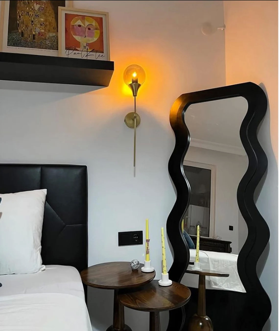 OEM Floor Wavy Standing Mirror Black Ornate Wooden Frame