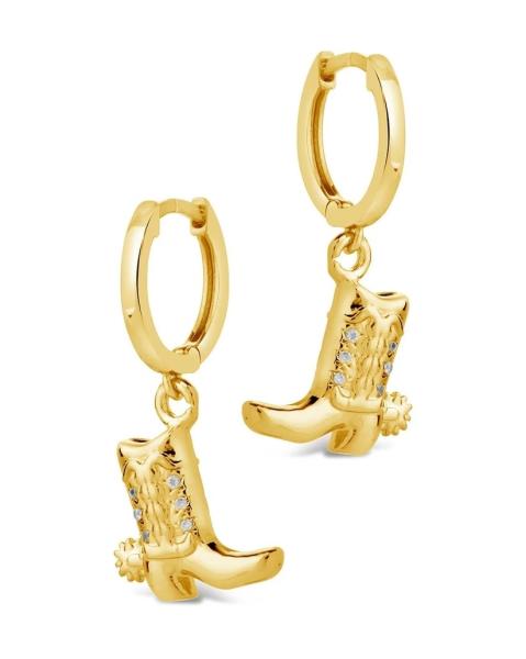 Cowboy Boot Micro Delicate Brass Drop Earrings White CZ Stone Brass Dangle
