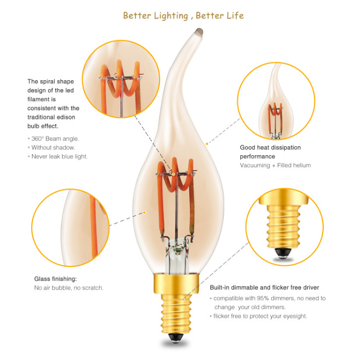 Flexible Soft Spiral LED Filament Bulb C35 E27 E14 Dimmable 180lm
