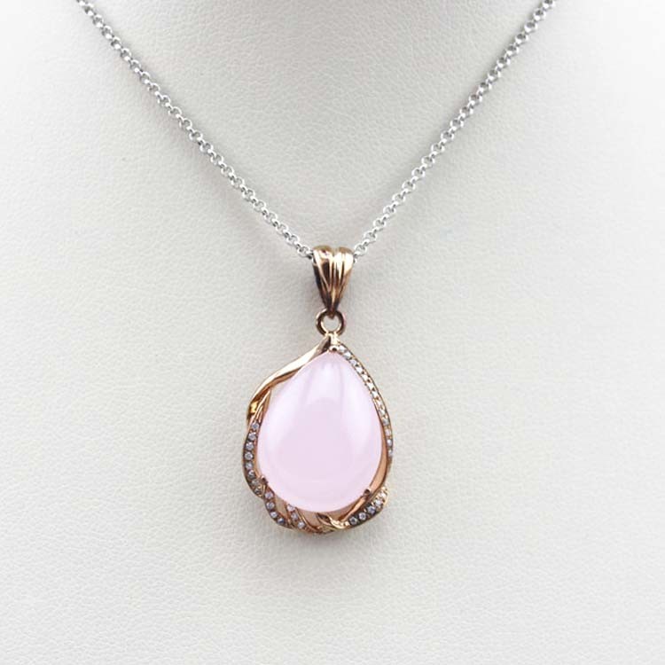 18K Rose Gold Plated 925 Silver Pear Rose Quartz Cubic Zirconia Pendant (PSJ0167)