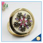 Shinny Gifts Luxury Rhinestone Flower Design Metal Compact Mirror Small Makeup