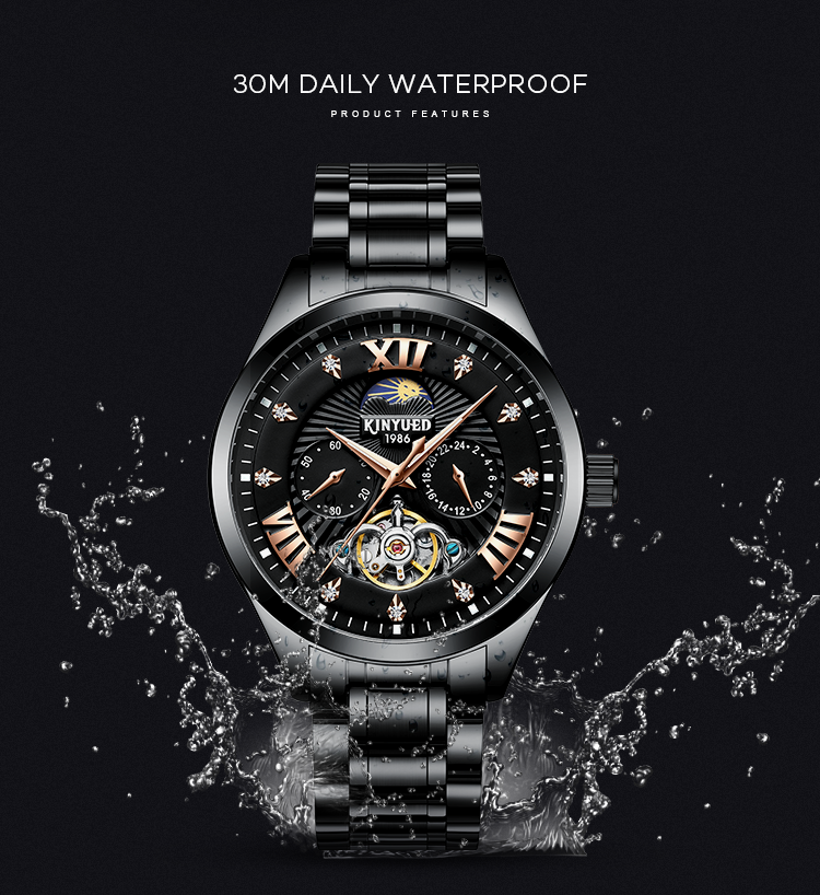 KINYUED High Quality Custom Waterproof Watch Watch Buckle Stainless Steel Automatic Mechanical Watch Men