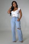 Fashion Loose Light Blue Denim Pants Wide Leg Ripped Jeans For Women