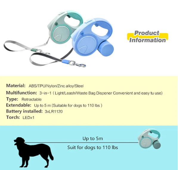 3 In 1 LED Dog Leash Nylon Traction Rope Retractable Dog Lead