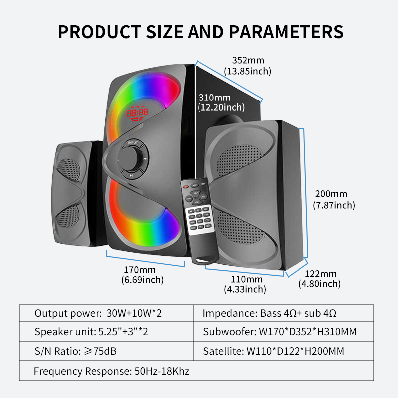 USB/SD/FM/BT/Remote Control Speaker Active Surround Audio Subwoofer with LED Light and Wood Design