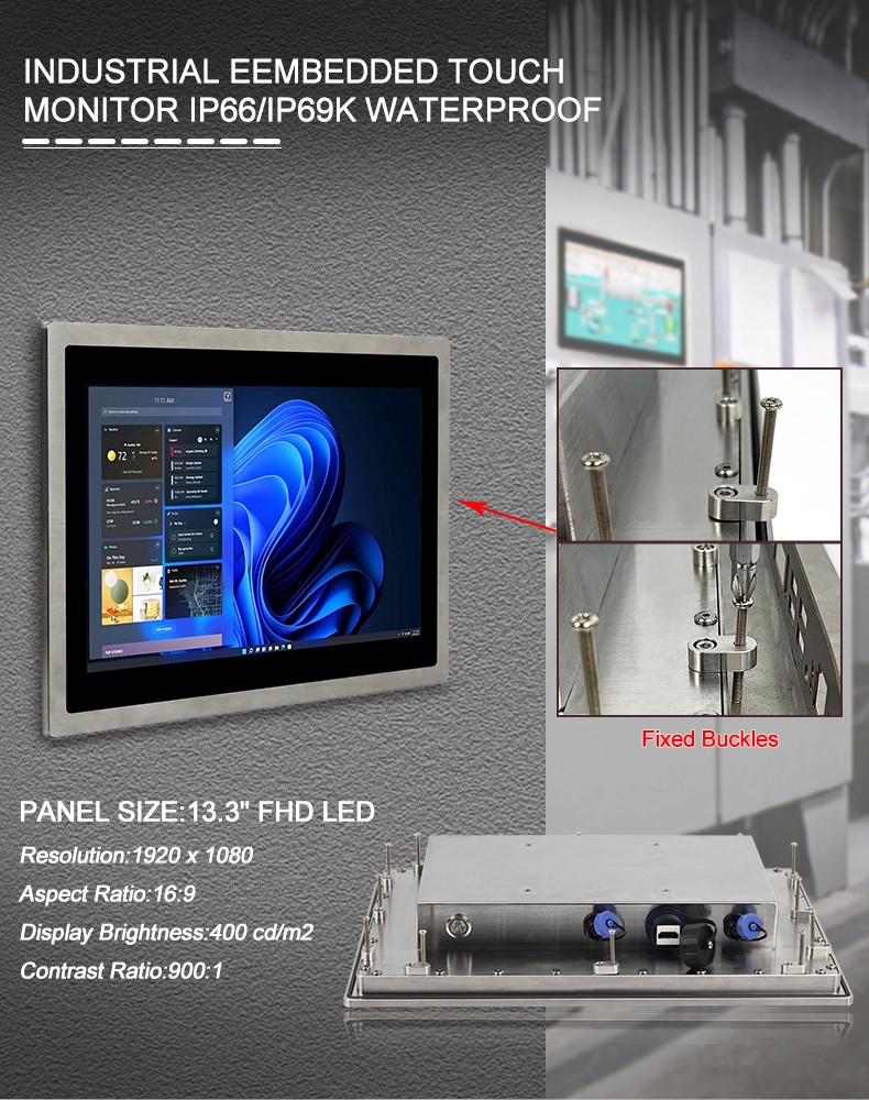 IP69K Embedded Capacitive Touch Monitor 13.3" Stainless Washable 1920*1080