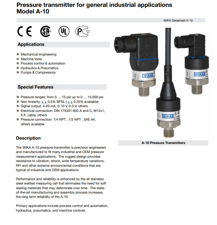 Industrial Environments Wika Pressure Transmitter A-10 Measuring Medium Gases / Liquids OEM ODM