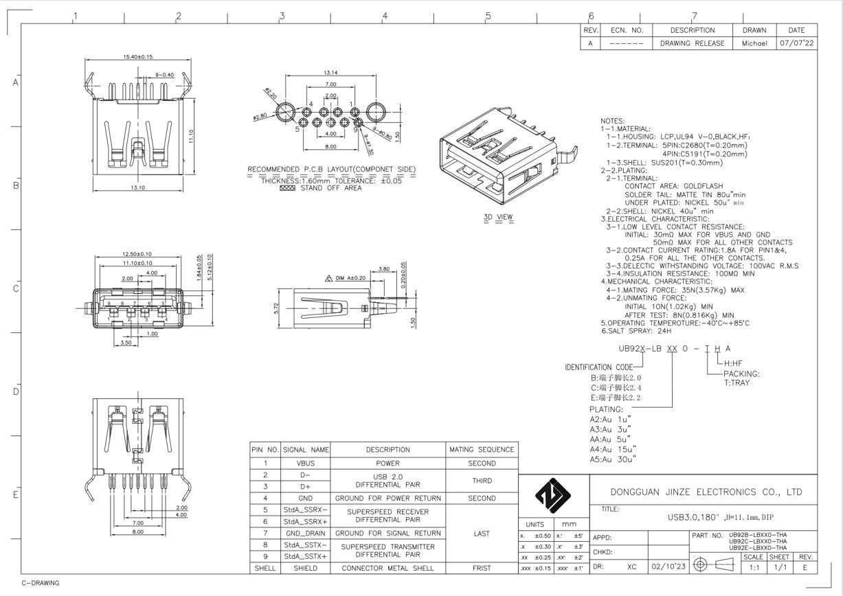 USB3.0 Type A PCB DIP USB Connector 180 Degrees Socket RVS HF