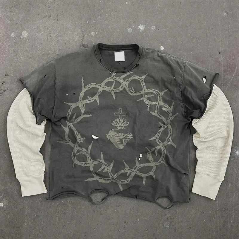 MeiYue Distressed Screen Print T-shirt Vintage Cotton Ripped Double Layer Long Waffle Sleeve Oversized Acid Wash T Shirt for Men